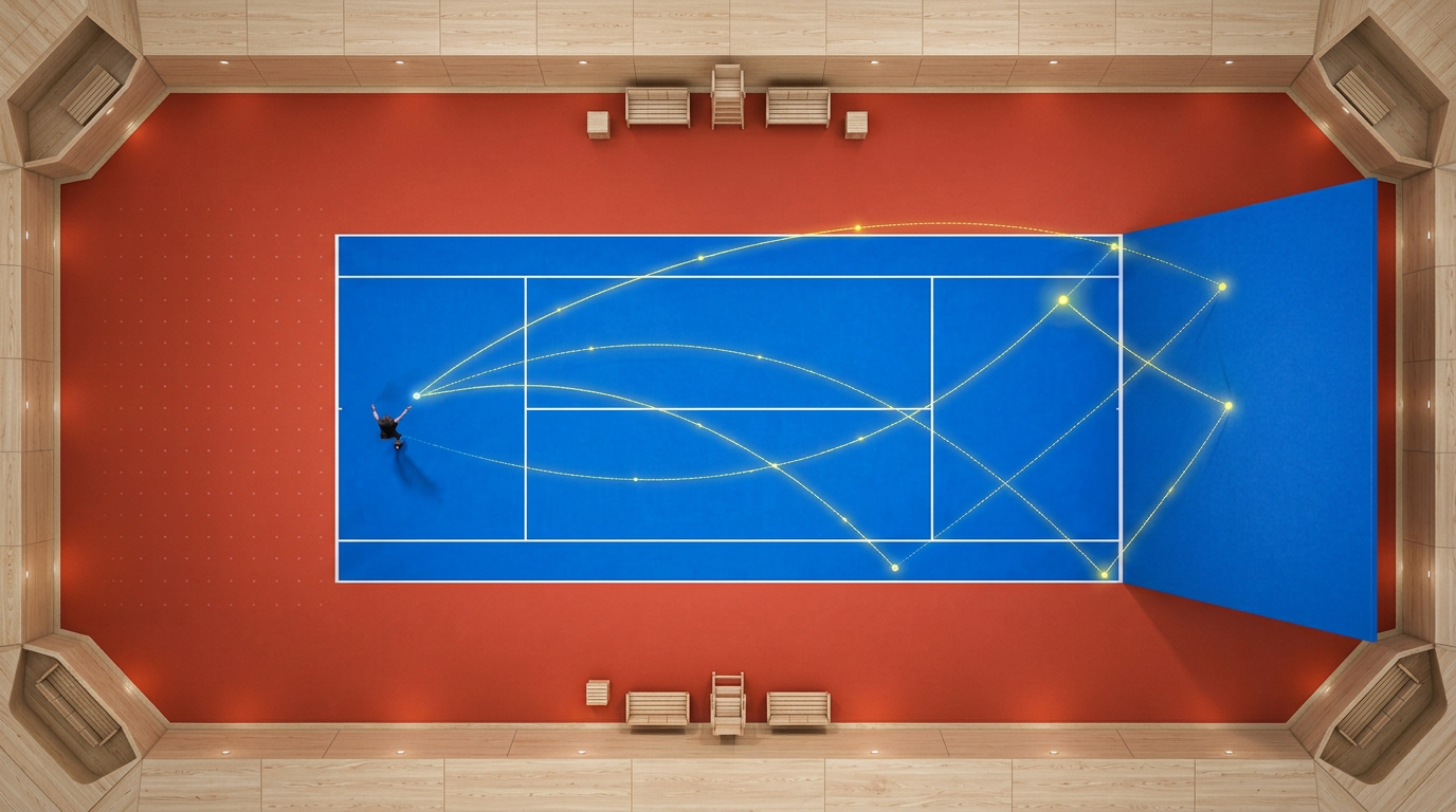 Toppvy av en tennisbana med bollbanor och spårningsdata