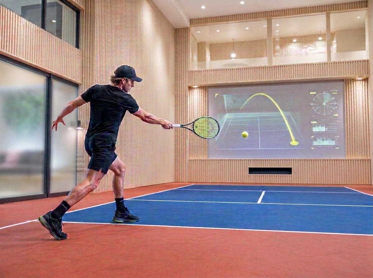 Ljus modern tennislokal med analysskärm och spelare i slagrörelse