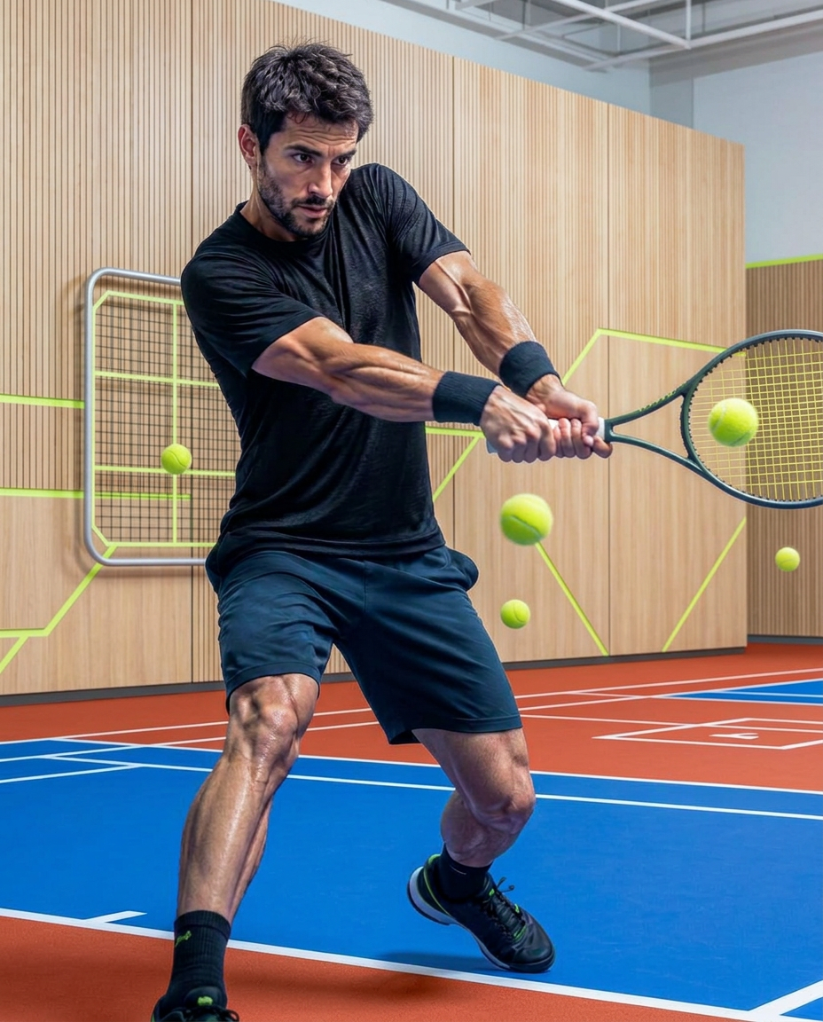 Tennisspelare i en backhand i den upplysta lokalen